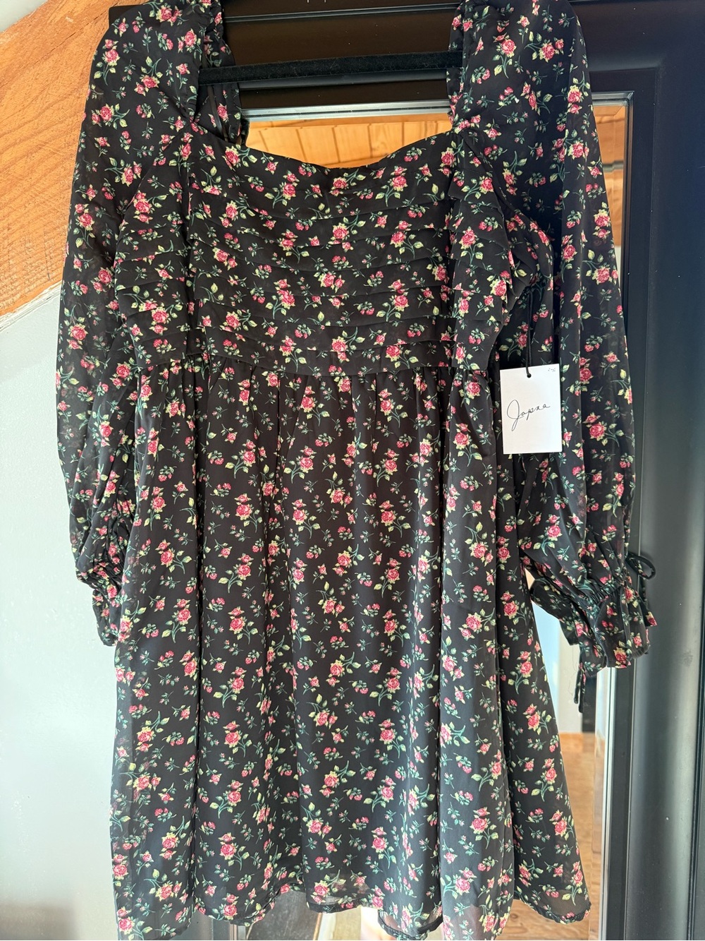 Floral Square-Neck Midi Dress in Black with Pink Roses